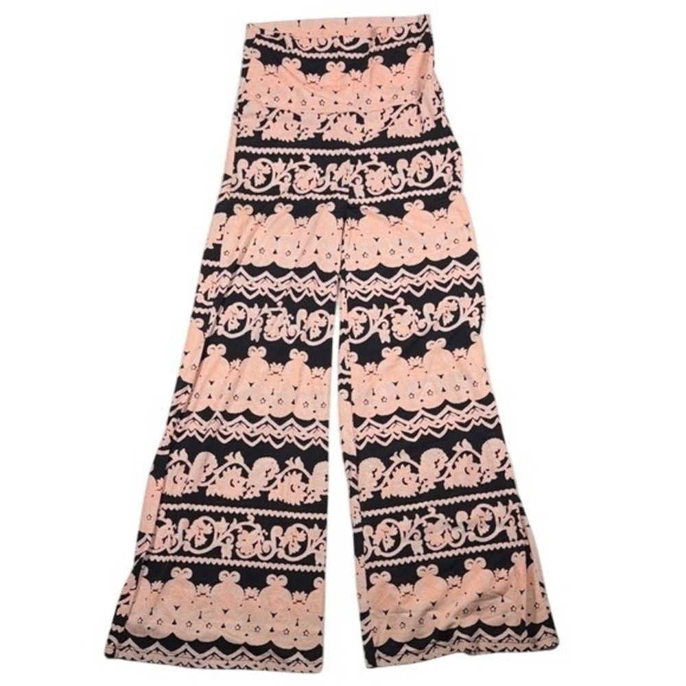 2B Together Womens Peach Black Damask Floral‎ Wide Leg Palazzo Pants Made in LA